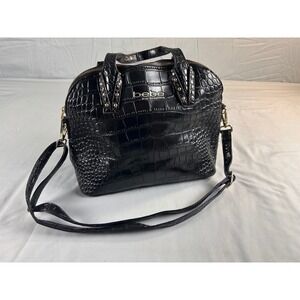 Bebe Los Angeles Black Croc Embossed Satchel Crossbody Bag Gold Hardware Studded